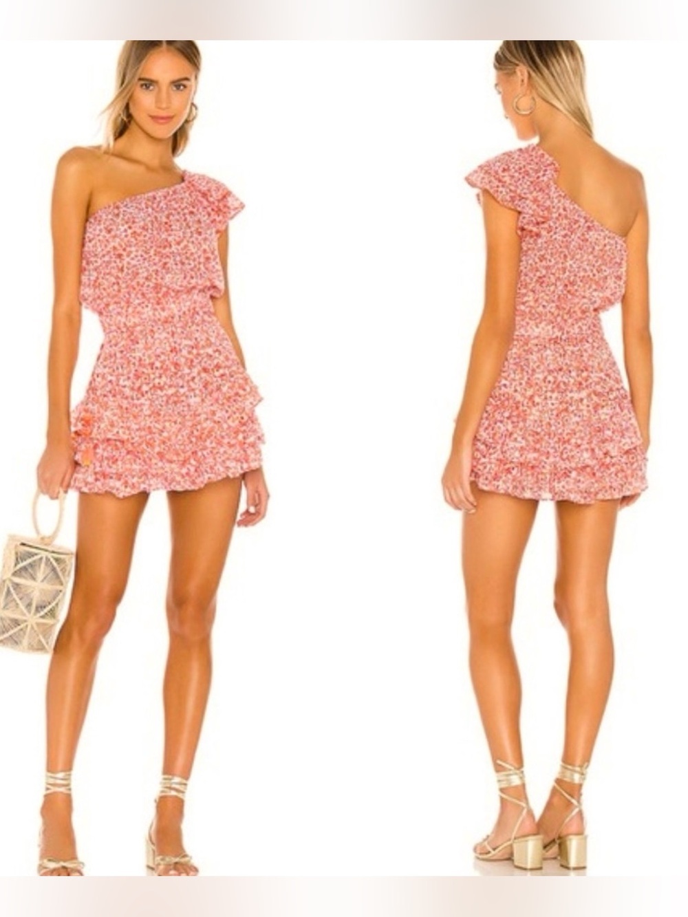 Poupette St Barth Womens Floral One Shoulder Kaia Ruffle Tiered Mini Dress S-M